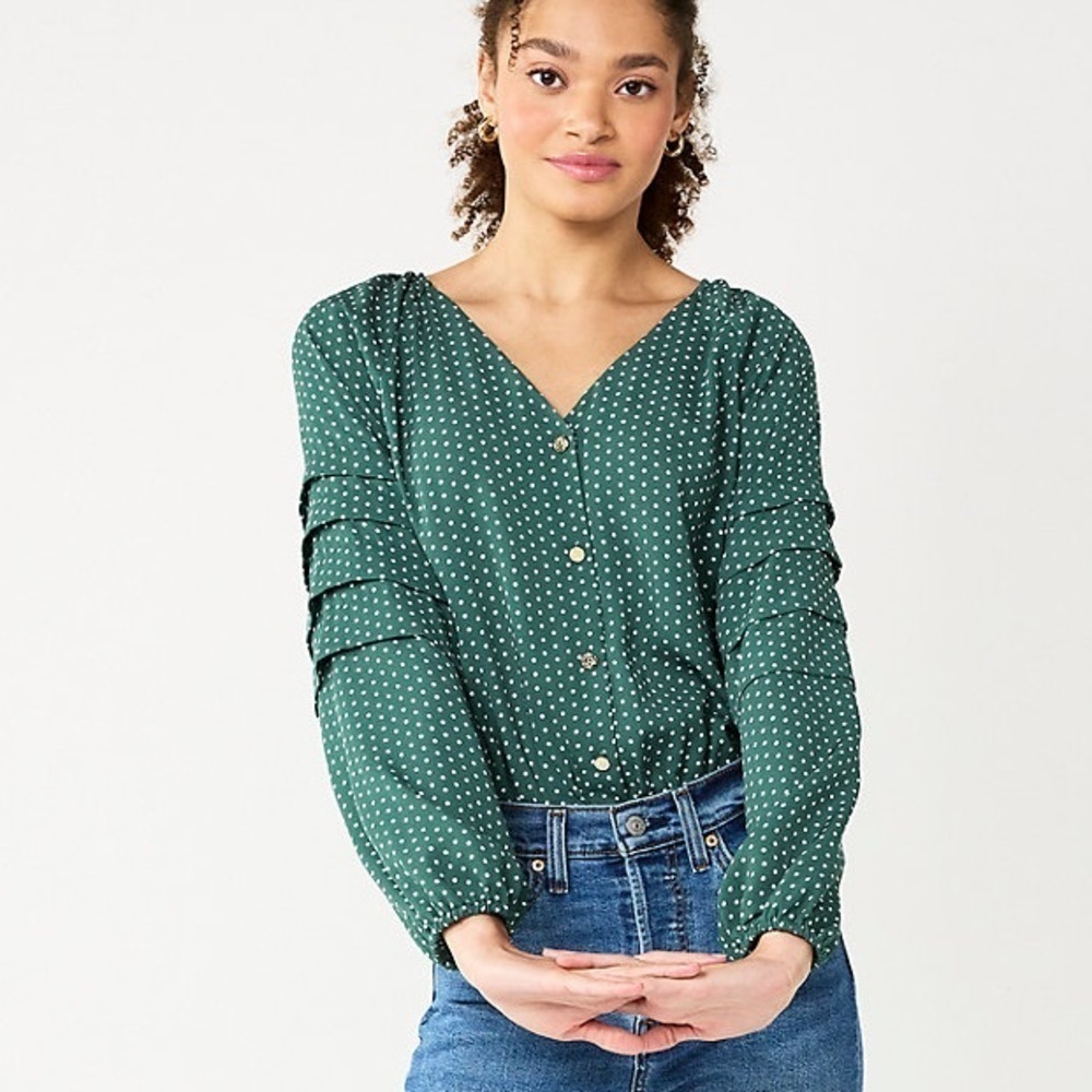 Draper James RSVP New‎ Size L Ruffled Sleeve Green White Polka Dot Bodysuit Top